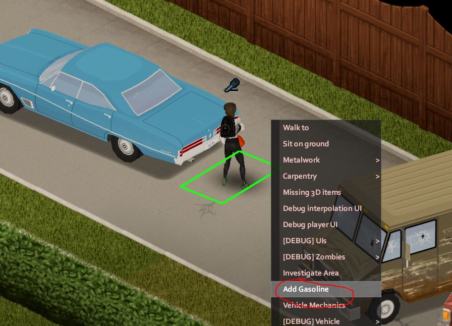 A player adding siphoned gas to a vehicle in Project Zomboid