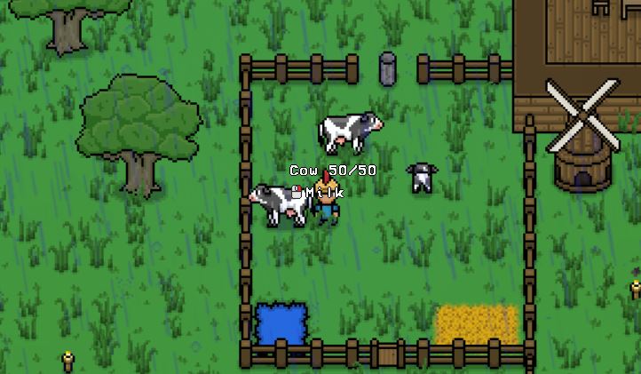 A character milking a cow using a bucket in Necesse