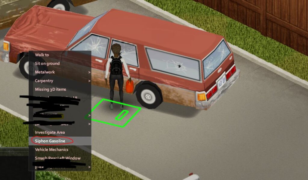 A character using a gas can to siphon gas from a car in Project Zomboid Build 41