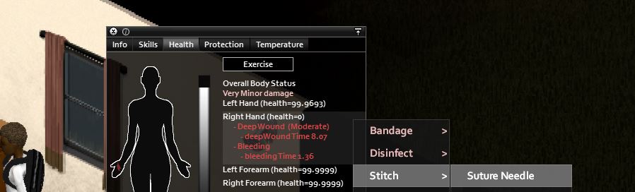 Showing the stitch wounds menu which is available when a character has a deep wound and a suture needle in Project Zomboid
