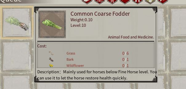 Crafting Common Coarse Fodder to feed horses and mounts with in Myth of Empires Healing horses