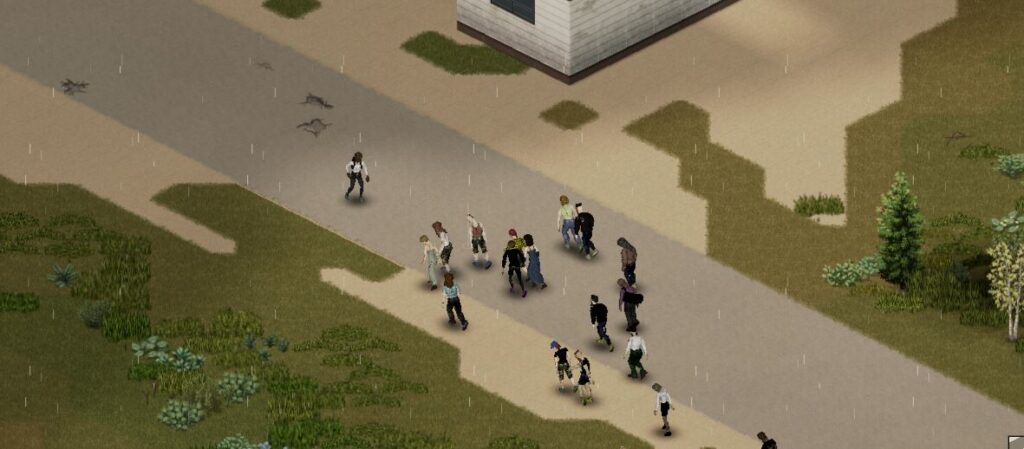 A character in Project Zomboid leveling Nimble to outrun zombies
