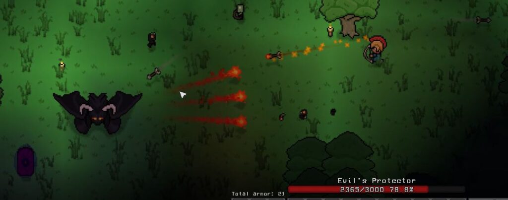 Evil's Protector the first boss in Necesse shooting fireballs at a player