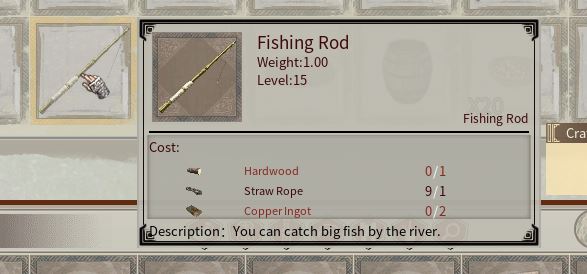 Showing the crafting of a fishing rod in myth of empires