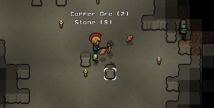 Mining some copper ore in a dungeon in Necesse