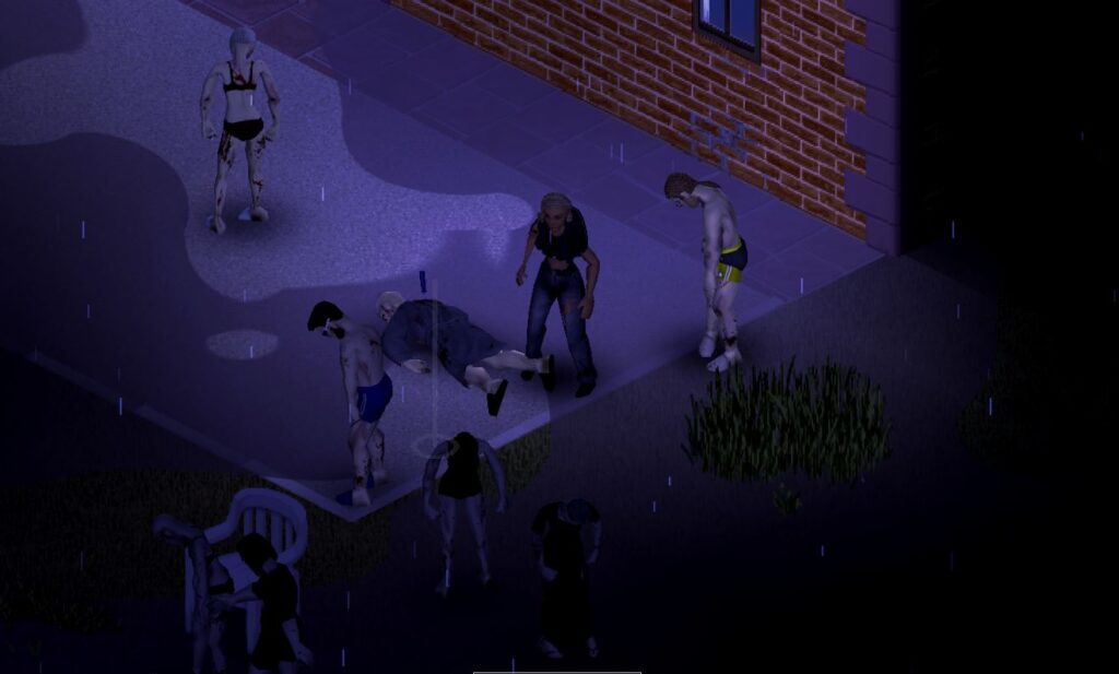 A character walking around zombies using nimble skill at night in Project Zomboid