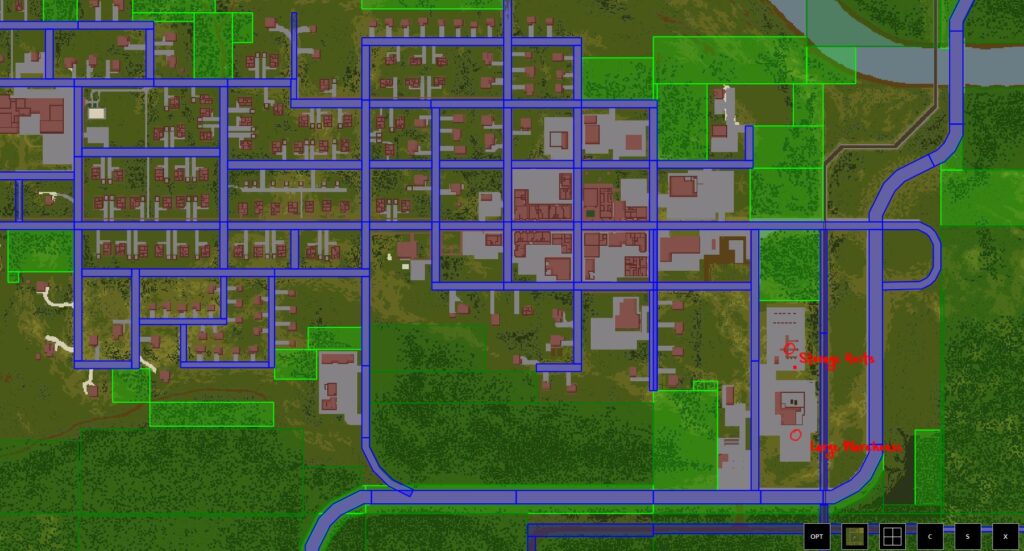 A map of West Point in Project Zomboid showing storage units and warehouses where generators spawn