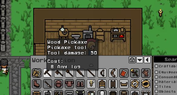 Crafting a wood pickaxe in Necesse so that we can go mine from copper ore
