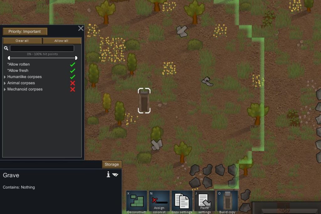 Showing an open grave in rimworld for a corpse