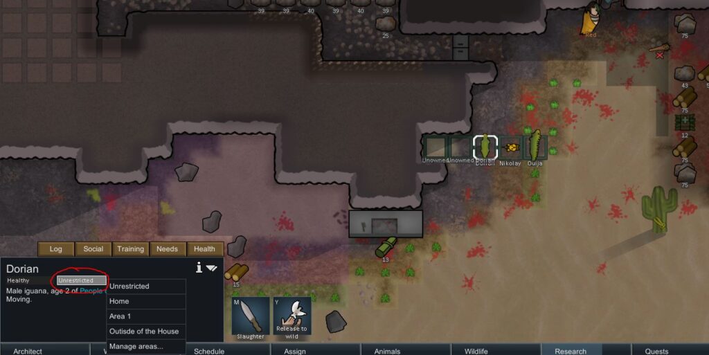 Changing the allowed zone for an animal to keep them out of buildings in Rimworld