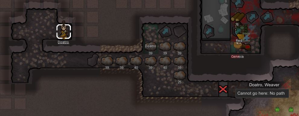 Showing how even drafted characters can't get through a locked/forbidden door in Rimworld