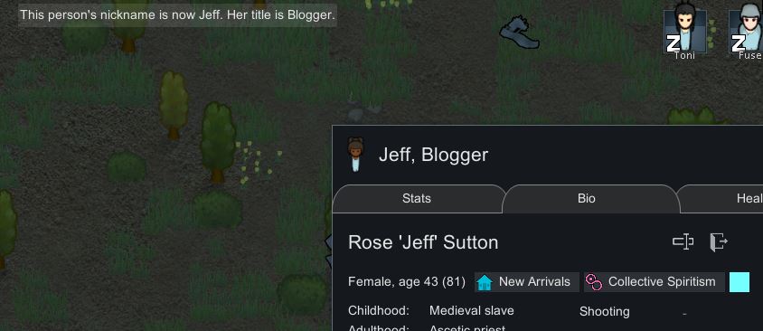 A colonist who has had their name and title changed in Rimworld