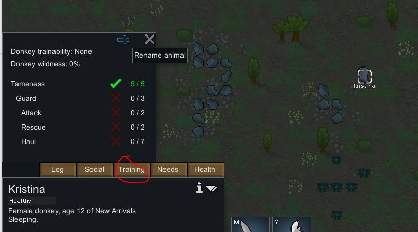 Showing how to change the name of an animal in Rimworld