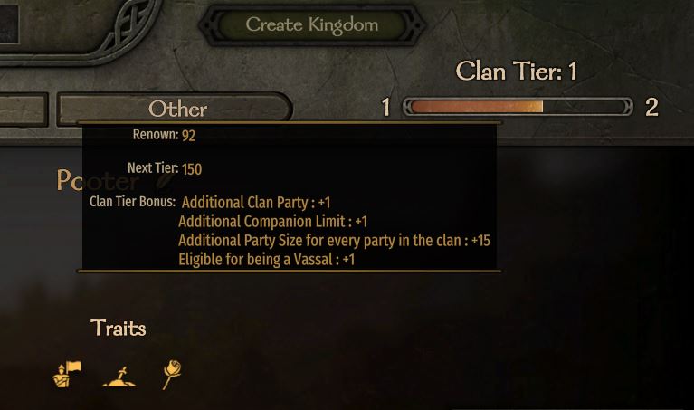 Showing the clan tier of 1 which is require to become a mercenary in mount and blade bannerlord