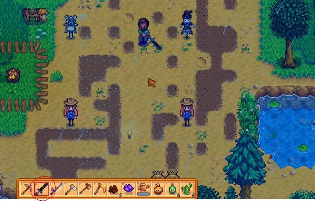A player equipping a weapon in Stardew Valley and swinging a sword