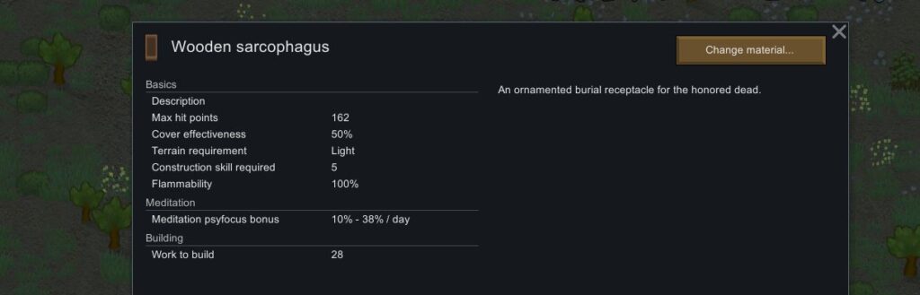 Showing the information for a wooden sarcophagus in Rimworld