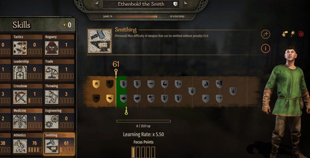 Hiring a good blacksmith in mount and blade bannerlord. Looking at the blacksmith companion's skills and perks