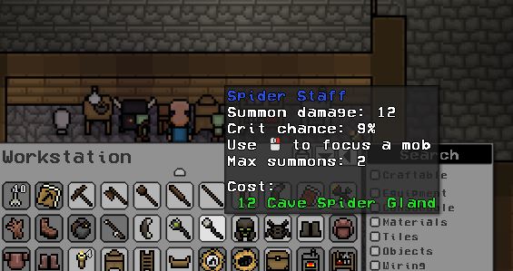 Crafting the spider staff in Necesse at the workbench to spawn spider summons
