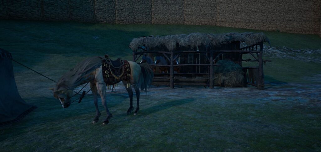 A horse standing in front of the stables in Myth of Empires eating something