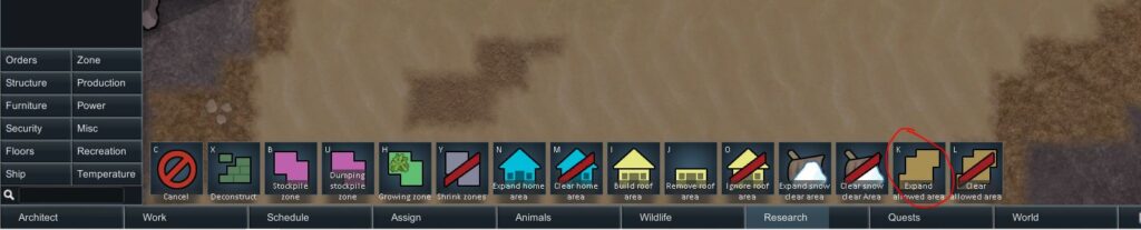 Creating zones to keep animals outside in Rimworld