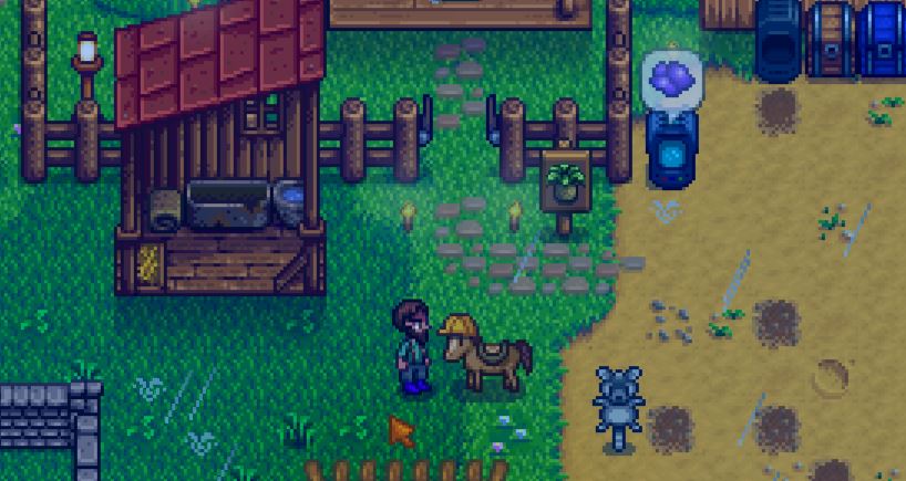 a stardew valley screenshot showing a farmer with a horse wearing a hat