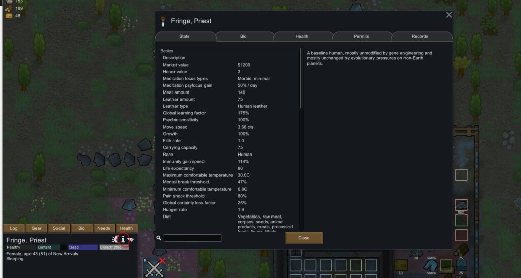 Showing a colonist's information screen from where their names can be changed