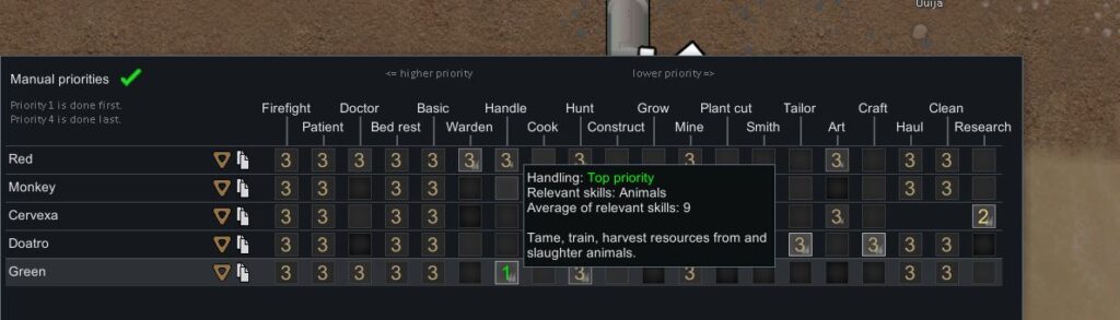 Prioritizing animal taming under handling so settlers will train animals fast in Rimworld