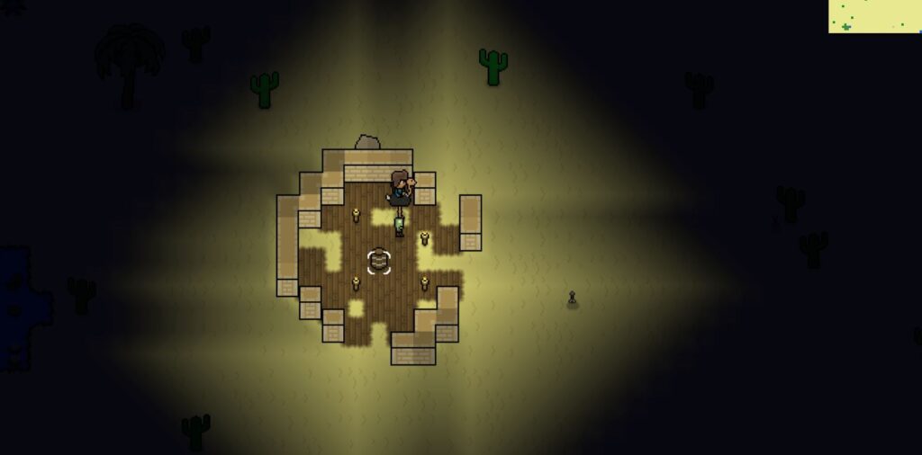 A player riding an ostrich in the desert in indie-sandbox game Necesse