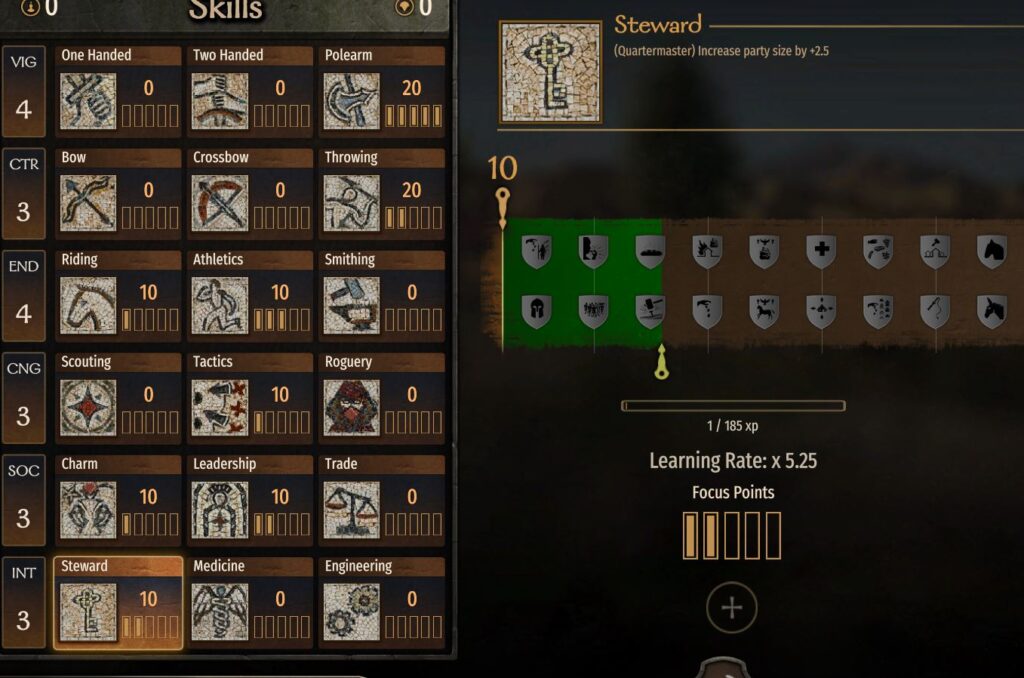 Levelling up the Steward skill in Bannerlord to increase the party limit size
