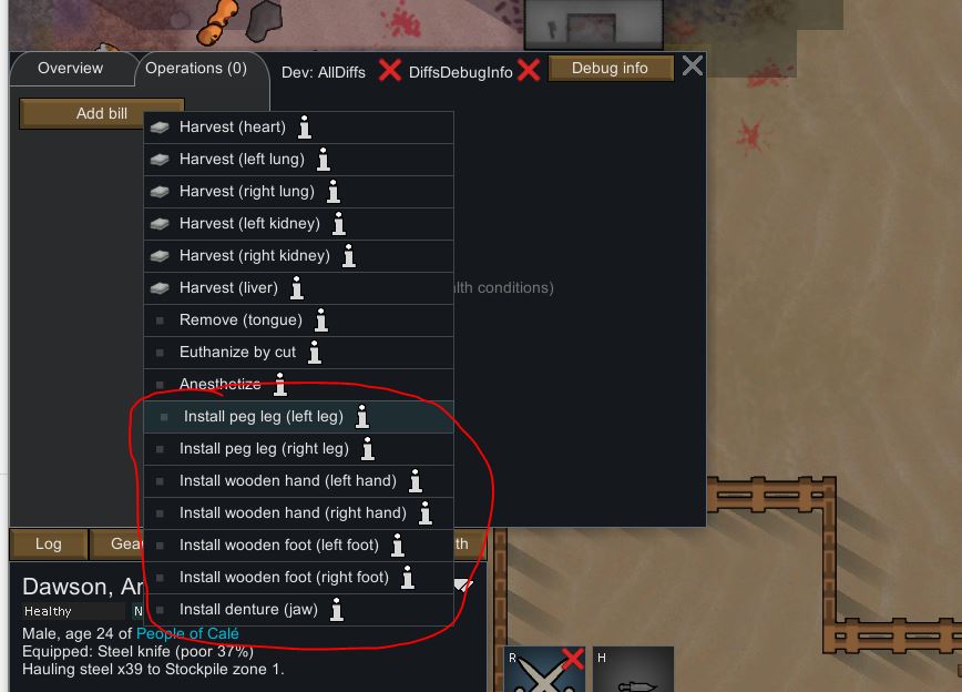 Installing peg legs and wooden hands to a pawn in Rimworld so their body parts can be amputated