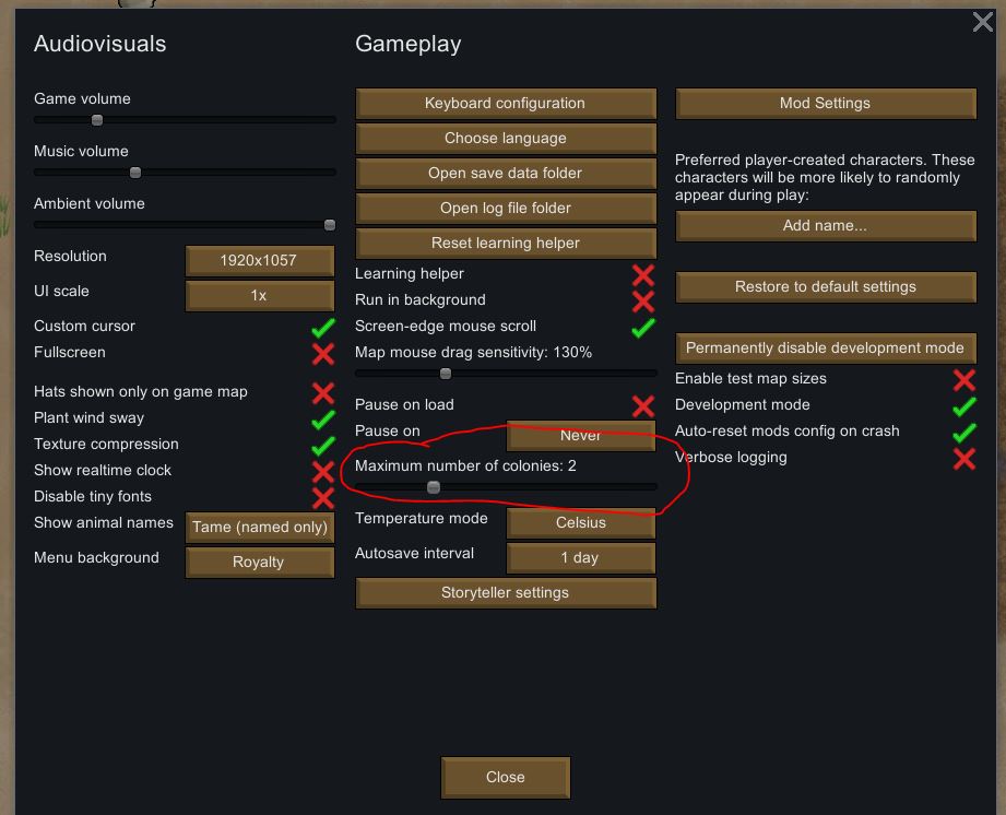 Changing the slider to allow multiple colonies in Rimworld