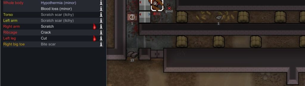 A raider who has been knocked down due to hypothermia in Rimworld