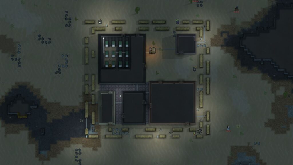 An image of a raider colony in Rimworld after a caravan attacked them
