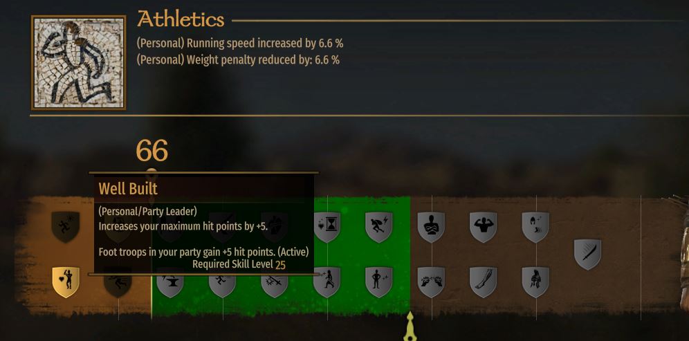 Showing the well built perk within the athletics skill in Bannerlord