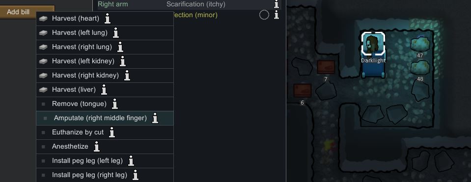 Choosing to amputate a body part from a colonist in Rimworld