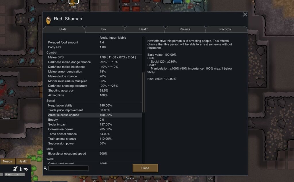 Showing the arrest chance stat in Rimworld