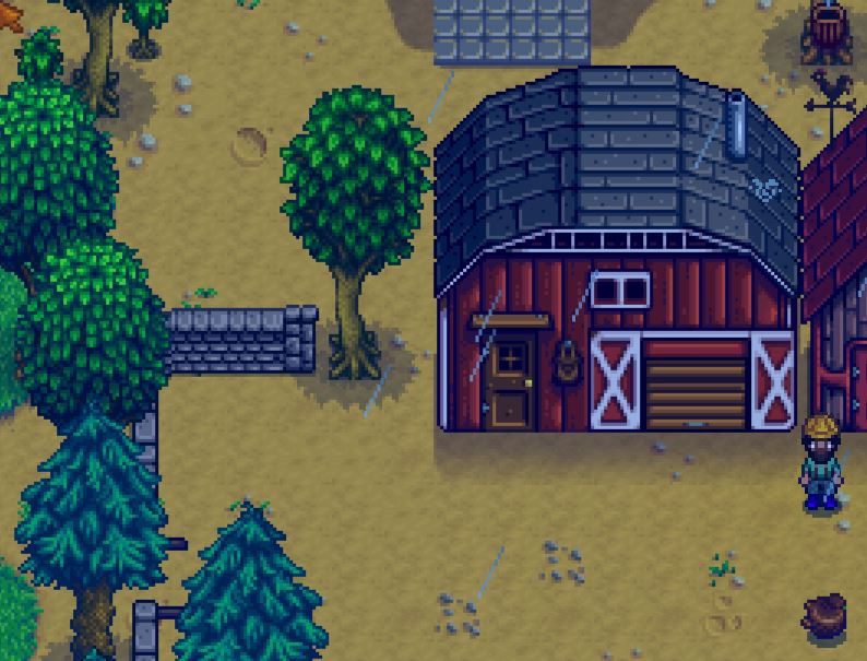 A picture of a barn in Stardew Valley where Cows and other animals are stored