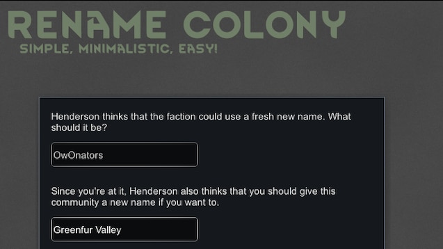 rename a colony using the RENAMECOLONY mod in Rimworld on the steam workshop