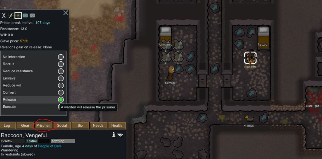Releasing a colonist once they've been arrested in Rimworld