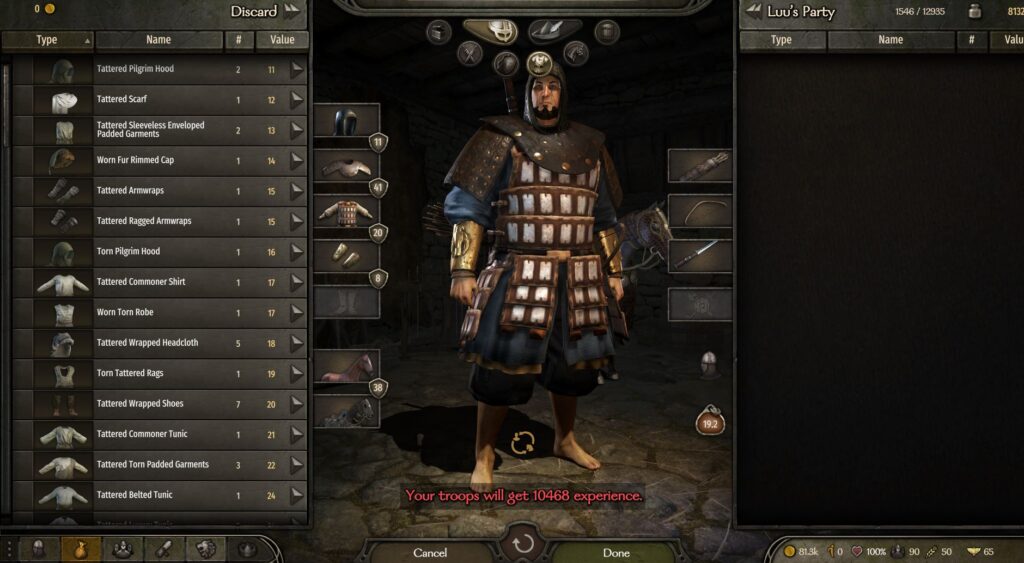 discarding and donating weapons and armor in Mount and Blade bannerlord