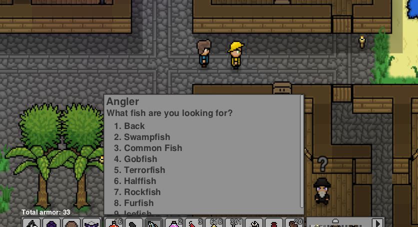 Sending an angler out on a fishing trip so they can get specific fish in Necesse