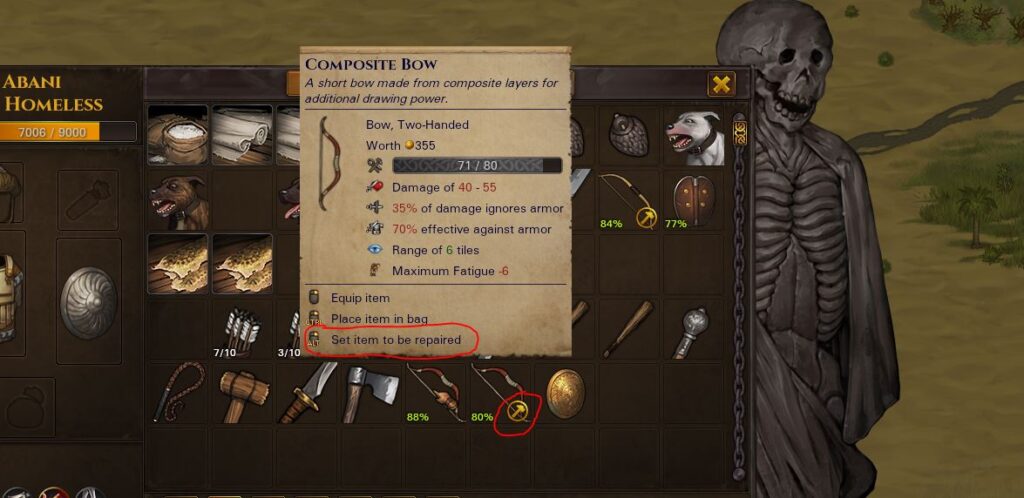 Marking an item to be repaired when it is not equipped in Battle Brothers