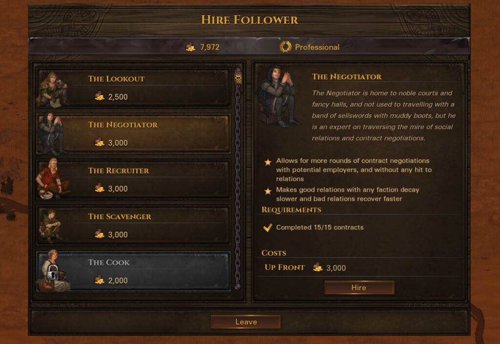 Hiring a follower called the negotiator in battle brothers