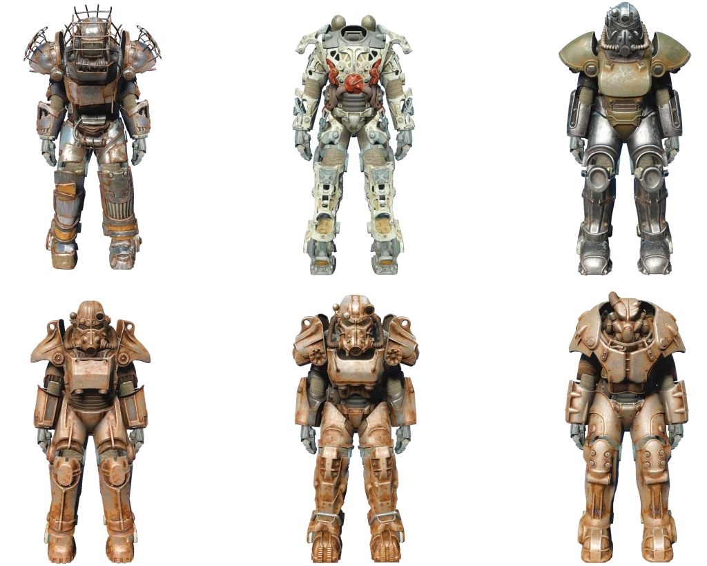 An image showing 6 different suits of power armor in Fallout 4