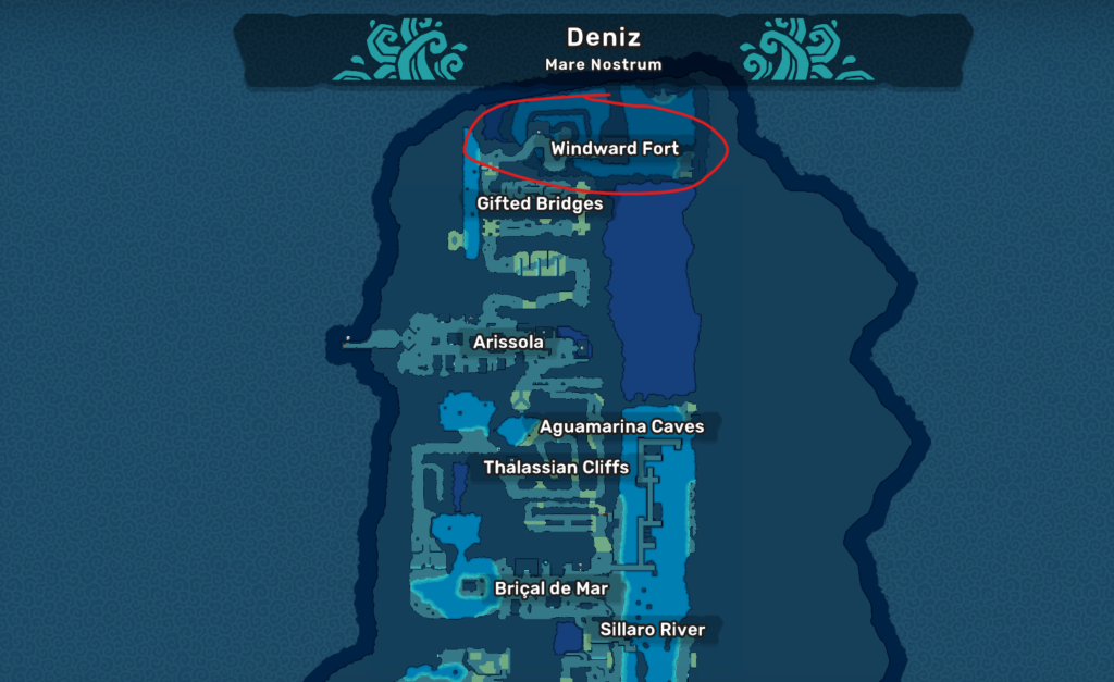 Showing how to get to the windward fort in Deniz on the map to get a Barnshe in Temtem