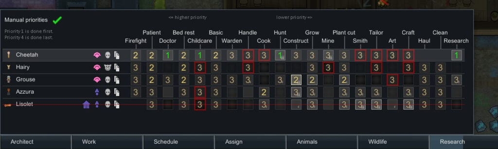 Assigning manual priorities in RimWorld through the work tab
