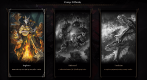 Showing the three difficulty settings for baldurs gate 3, explorer, balanced and tactician