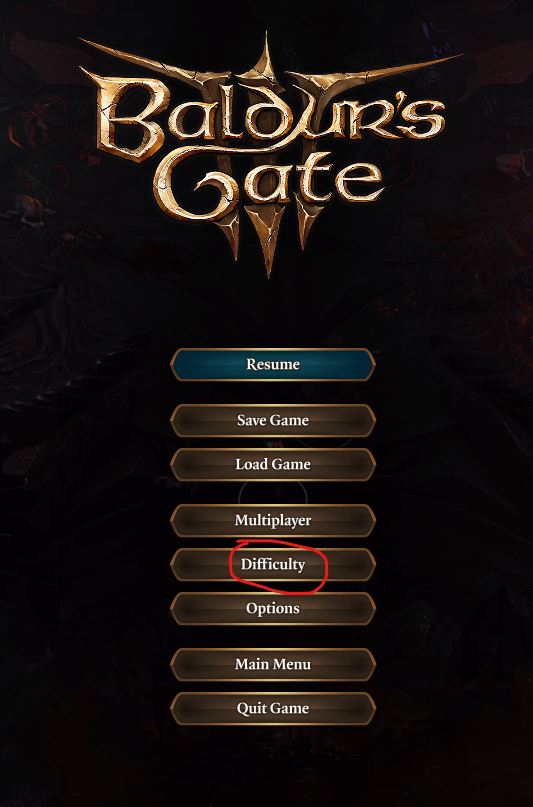 Changing the difficulty in Baldur's Gate 3 using the game's start menu
