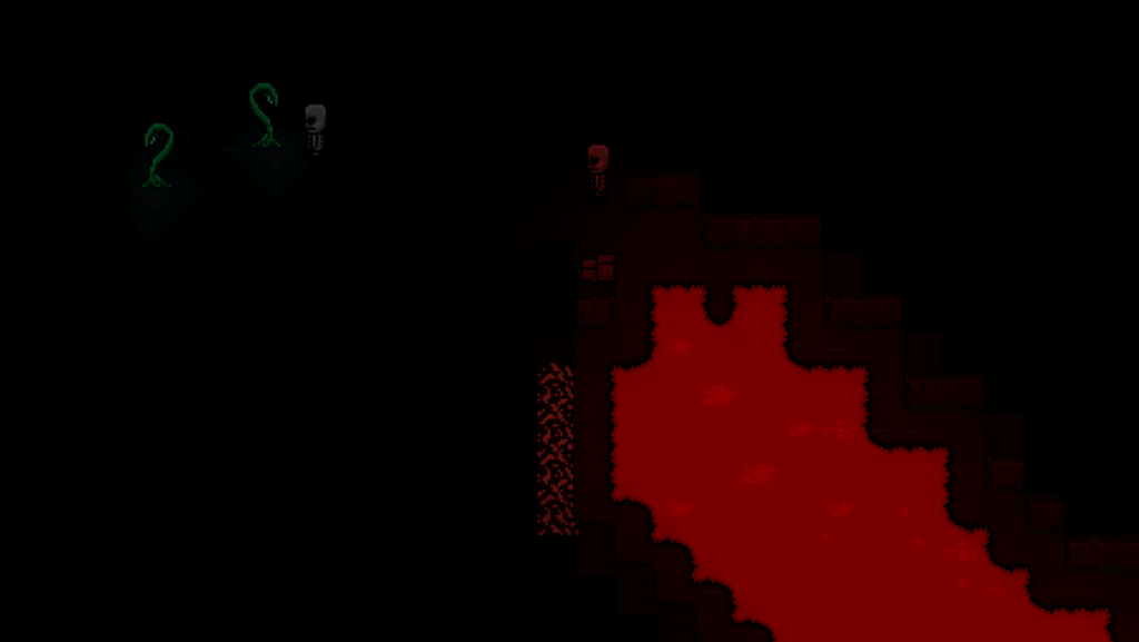 An image inside the deep caves in the game Necesse. You can see lava and some zombie skeleton enemies in the image