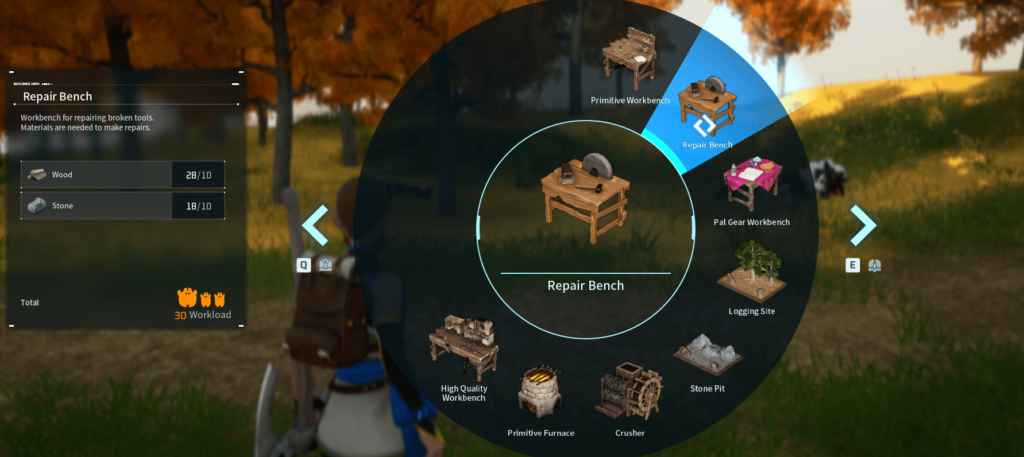 An image showing a player building a repair bench from the build menu in Palworld